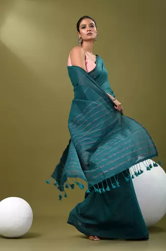Teal cotton soft saree with stripe pattern