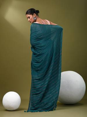 Teal cotton soft saree with stripe pattern 3