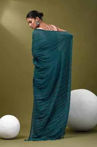 Teal cotton soft saree with stripe pattern
