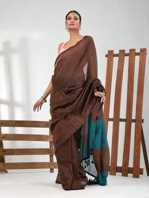 Brown stripe cotton soft saree with sequins 1