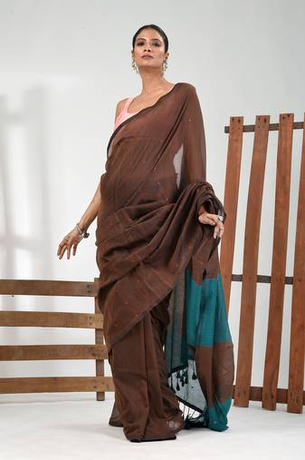 Brown stripe cotton soft saree with sequins