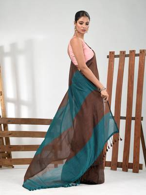 Brown stripe cotton soft saree with sequins 2