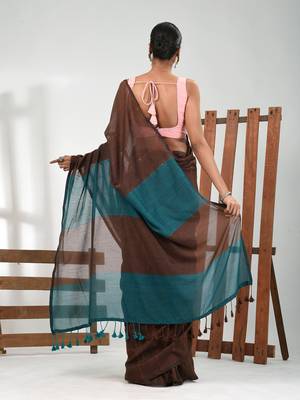 Brown stripe cotton soft saree with sequins 3