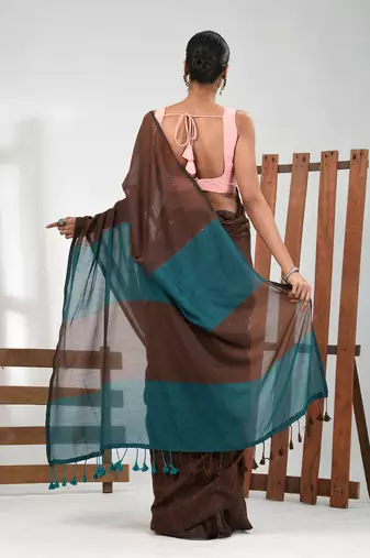 Brown stripe cotton soft saree with sequins