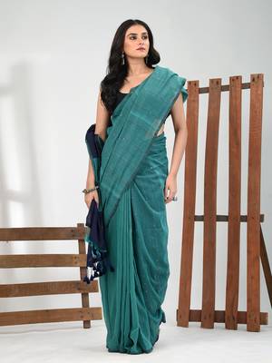 Teal stripe cotton soft saree with sequins 1