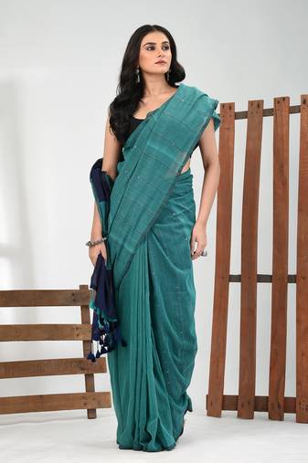 Teal stripe cotton soft saree with sequins