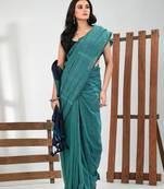 Teal stripe cotton soft saree with sequins