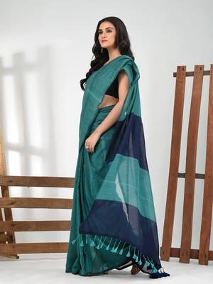 Teal stripe cotton soft saree with sequins 2
