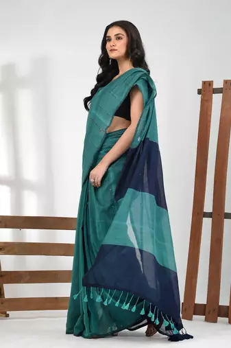 Teal stripe cotton soft saree with sequins