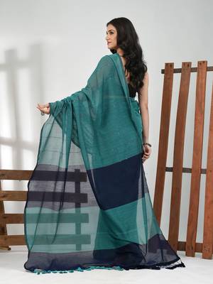 Teal stripe cotton soft saree with sequins 3