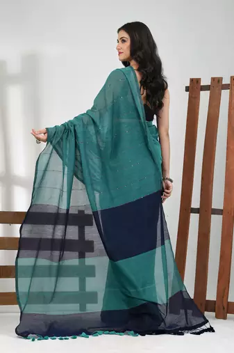 Teal stripe cotton soft saree with sequins