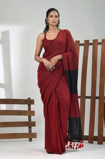 Dark red stripe cotton soft saree with sequins