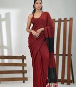 Dark red stripe cotton soft saree with sequins
