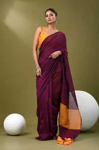 Magenta stripe cotton soft saree with sequins