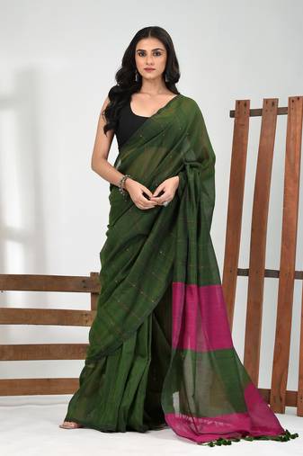 Green stripe cotton soft saree with sequins