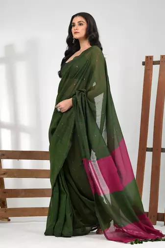Green stripe cotton soft saree with sequins