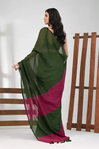 Green stripe cotton soft saree with sequins
