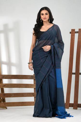 Aegean blue stripe cotton soft saree with sequins