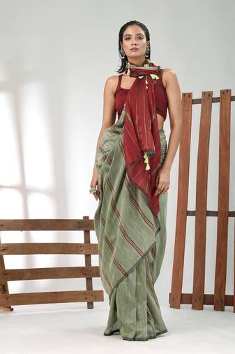 Mint green cotton soft saree with stripe pattern