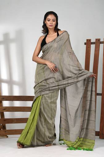 Ecru cotton soft saree with stripe pattern