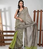 Ecru cotton soft saree with stripe pattern