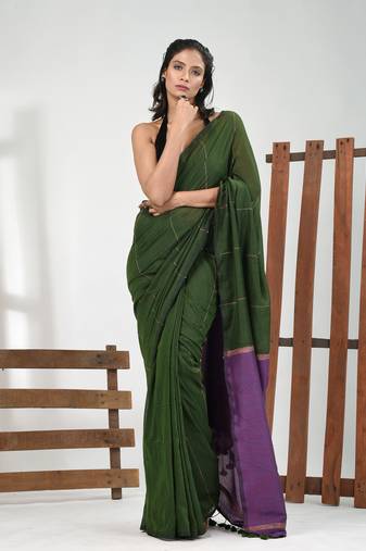 Green cotton soft saree with stripe pattern