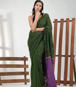 Green cotton soft saree with stripe pattern