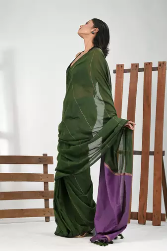 Green cotton soft saree with stripe pattern