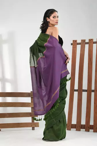 Green cotton soft saree with stripe pattern