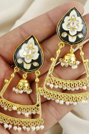 Pearl Beads Black Meena Earrings Gold Plated Jewelry