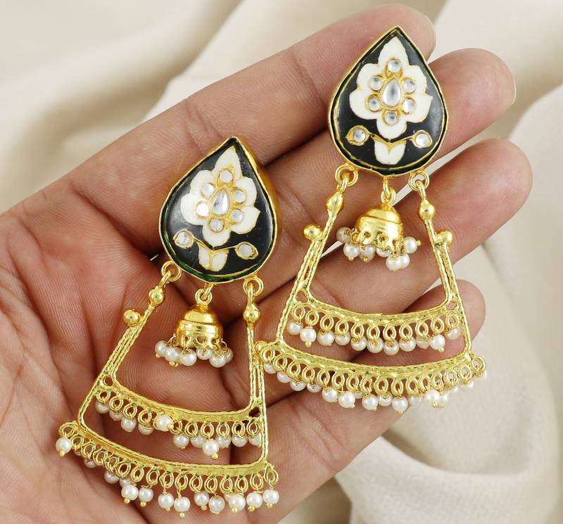 Pearl Beads Black Meena Earrings Gold Plated Jewelry