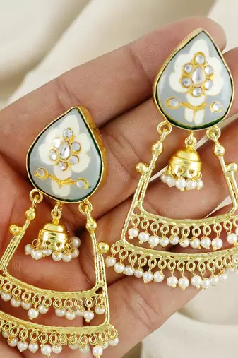 Gold Plated Gray Enameled Pearl Beads Jhumka Earrings