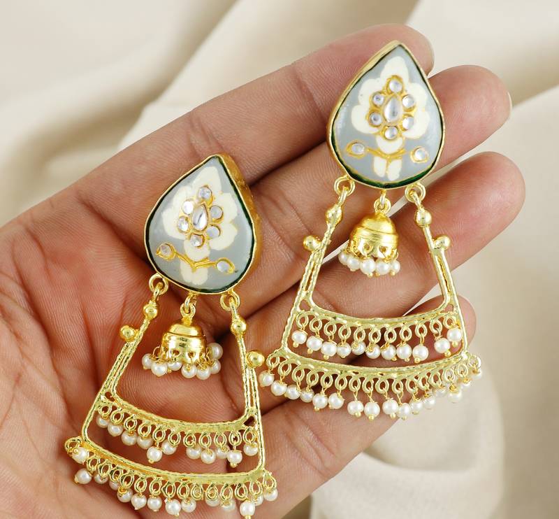 Gold Plated Gray Enameled Pearl Beads Jhumka Earrings