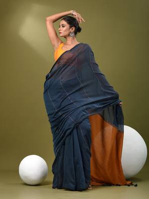 Aegean blue cotton soft saree with stripe pattern 1