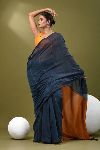 Aegean blue cotton soft saree with stripe pattern