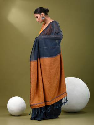 Aegean blue cotton soft saree with stripe pattern 2