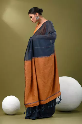 Aegean blue cotton soft saree with stripe pattern