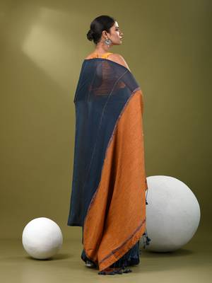 Aegean blue cotton soft saree with stripe pattern 3