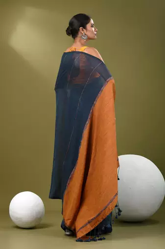 Aegean blue cotton soft saree with stripe pattern