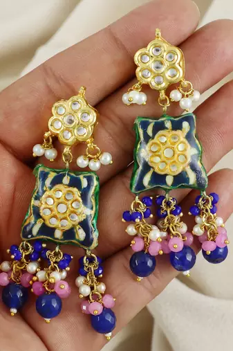 Blue Sapphire-Rose Quartz Kundan Meena Handmade Earrings