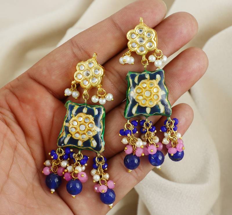 Blue Sapphire-Rose Quartz Kundan Meena Handmade Earrings