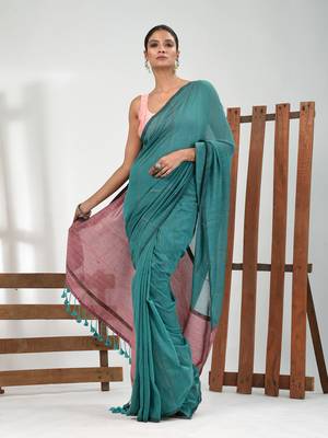 Turqoise blue cotton soft saree with stripe pattern 1
