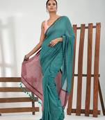 Turqoise blue cotton soft saree with stripe pattern