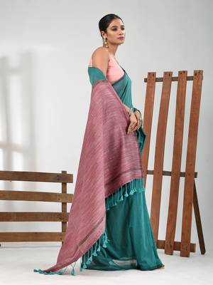 Turqoise blue cotton soft saree with stripe pattern 2