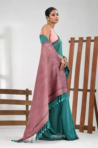 Turqoise blue cotton soft saree with stripe pattern