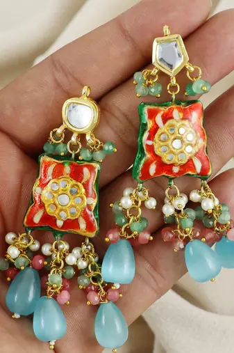 Red Meenakari Polki Gold Plated Earrings Fashion Jewelry