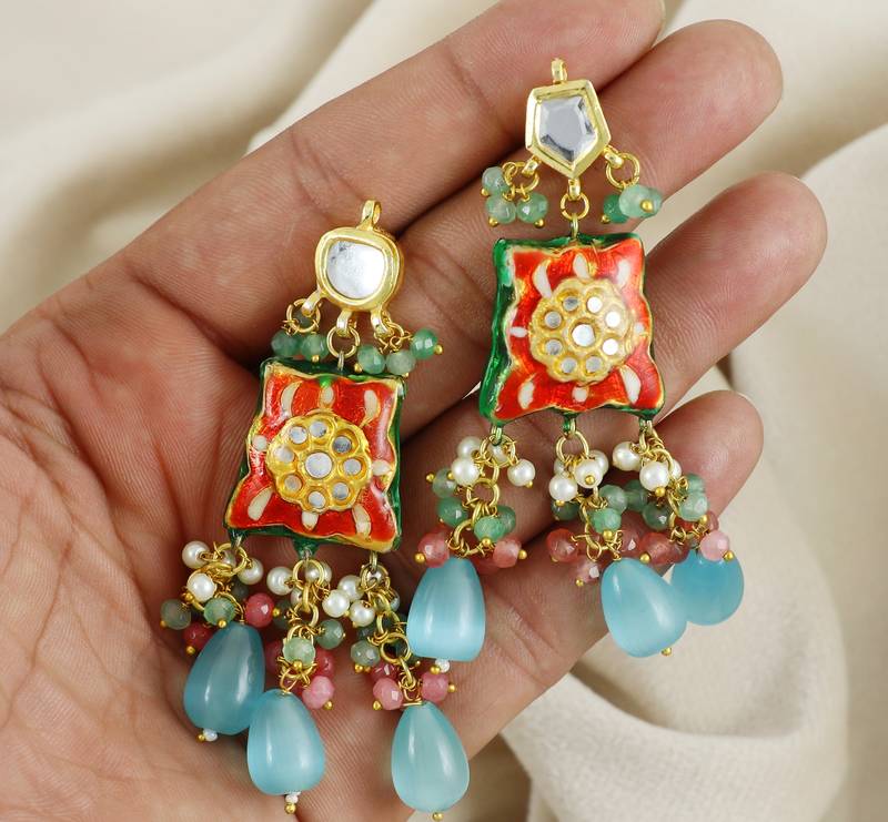 Red Meenakari Polki Gold Plated Earrings Fashion Jewelry