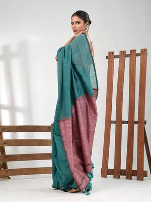 Turqoise blue cotton soft saree with stripe pattern 3