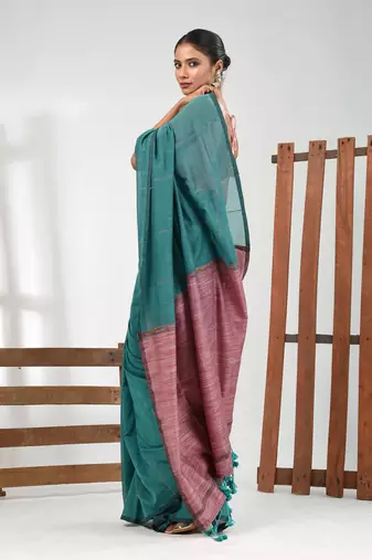 Turqoise blue cotton soft saree with stripe pattern