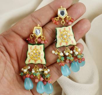Kundan Meena Multi Stone Beaded Jhumka Earrings 3